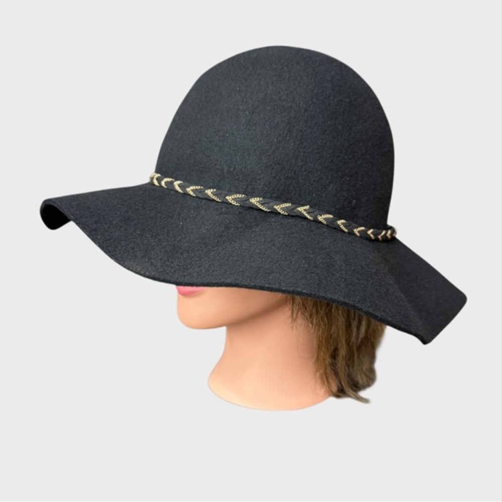 Vintage Women's‎ Black Wool Wide Brim Hat Chain Braid Band Boho Chic